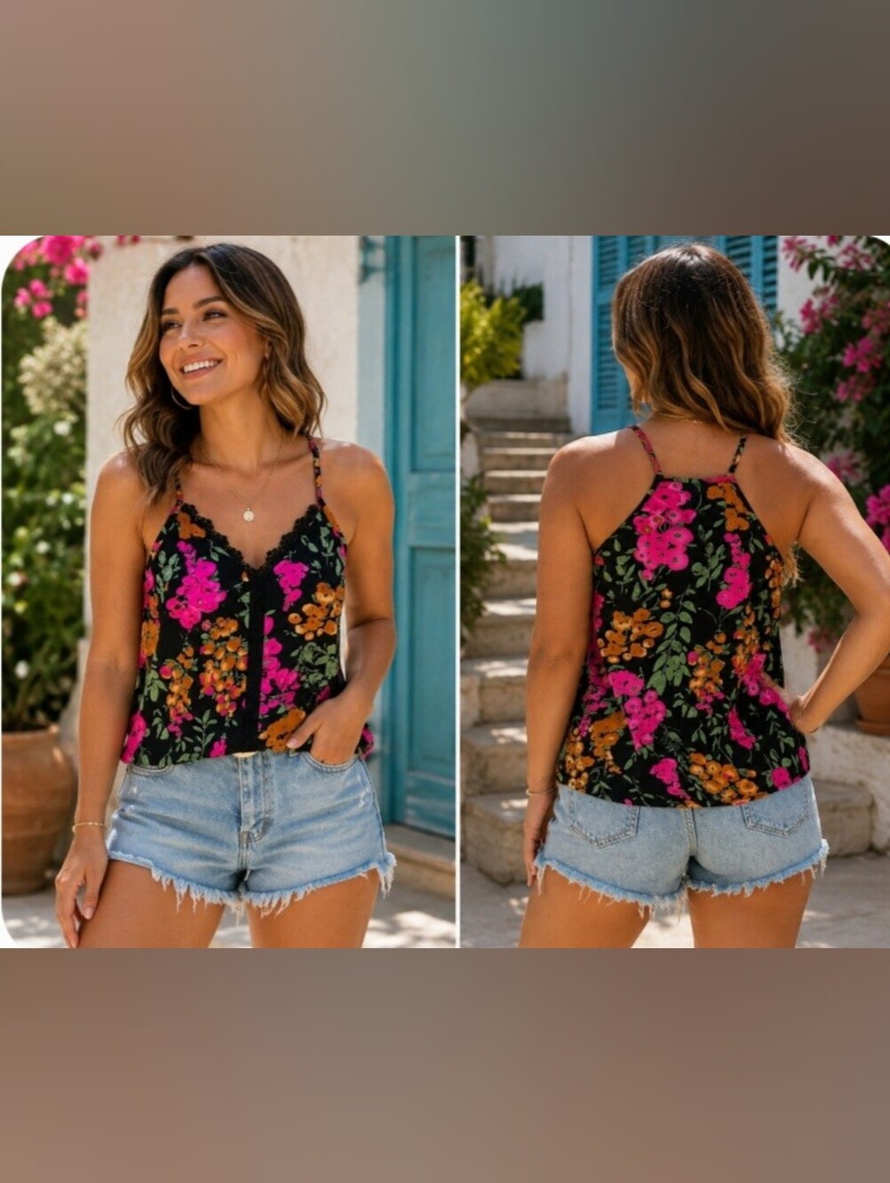 Kara & Kate Black Pink Floral Print Lace Trim Camisole NWT Large Cottagecore
